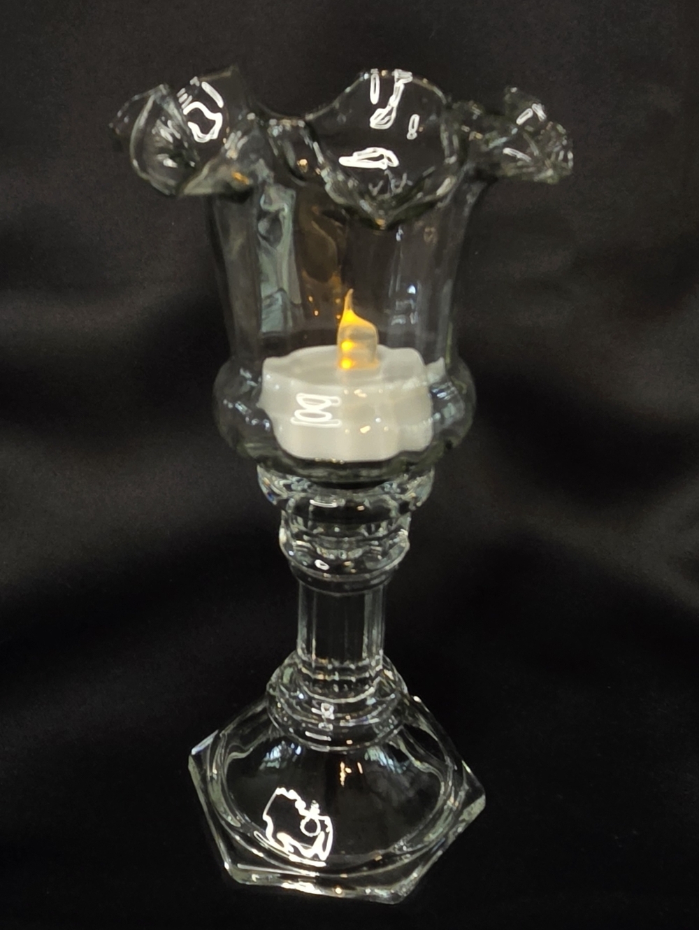 VTG HOMCO Glass Candlestick With Glass Votive Holder Ruffled Top 7" Tall